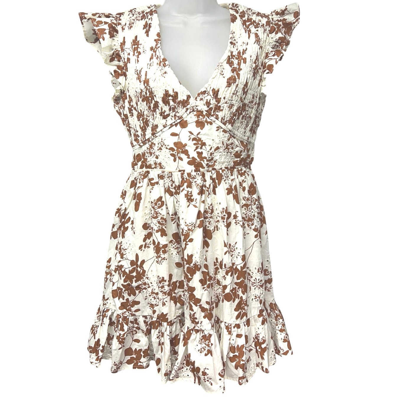 Greylin Andy Mini Ruffled Dress Size Small Cream Rust Floral Print Smocked